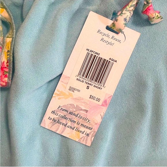 NEW LoveShackFancy x Hurly Blue Terry Cloth Shorts w/Floral Drawstring Small NWT - Picture 5 of 6